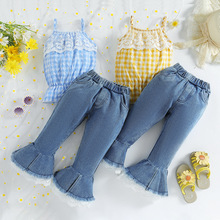 SAMGAMI BABY夏季新款洋气蕾丝边格子吊带上衣牛仔喇叭裤女童套装