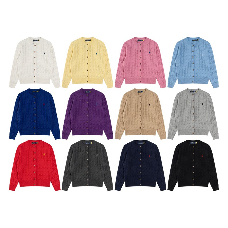 Rl Laff Twelve Colors Classic Cardigan Small Label Embroidered Logo Seven-Button Knitted Cable Sweater Women's Jacket