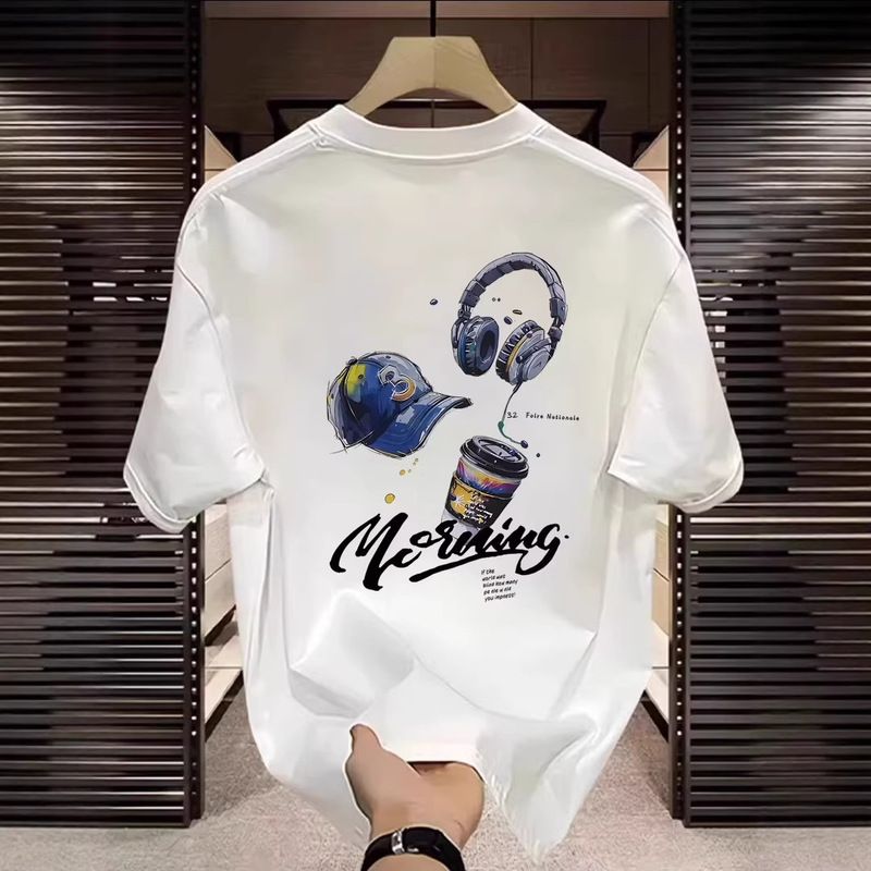 American-Style Ins Trendy Brand Summer New Milk Tea Print Heavyweight Pure Cotton Short-Sleeve T-Shirt for Men, Loose Round-Neck Trendy Top