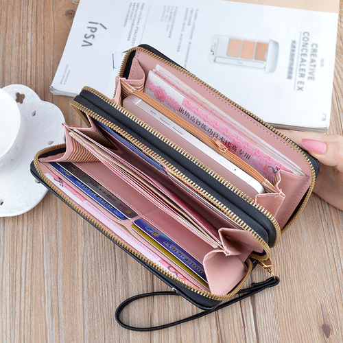 New Wallet Women's Long Double Zipper Clutch Fashionable Lychee Pattern Soft Leather Large Capacity Double Layer Wallet Mobile Phone Bag