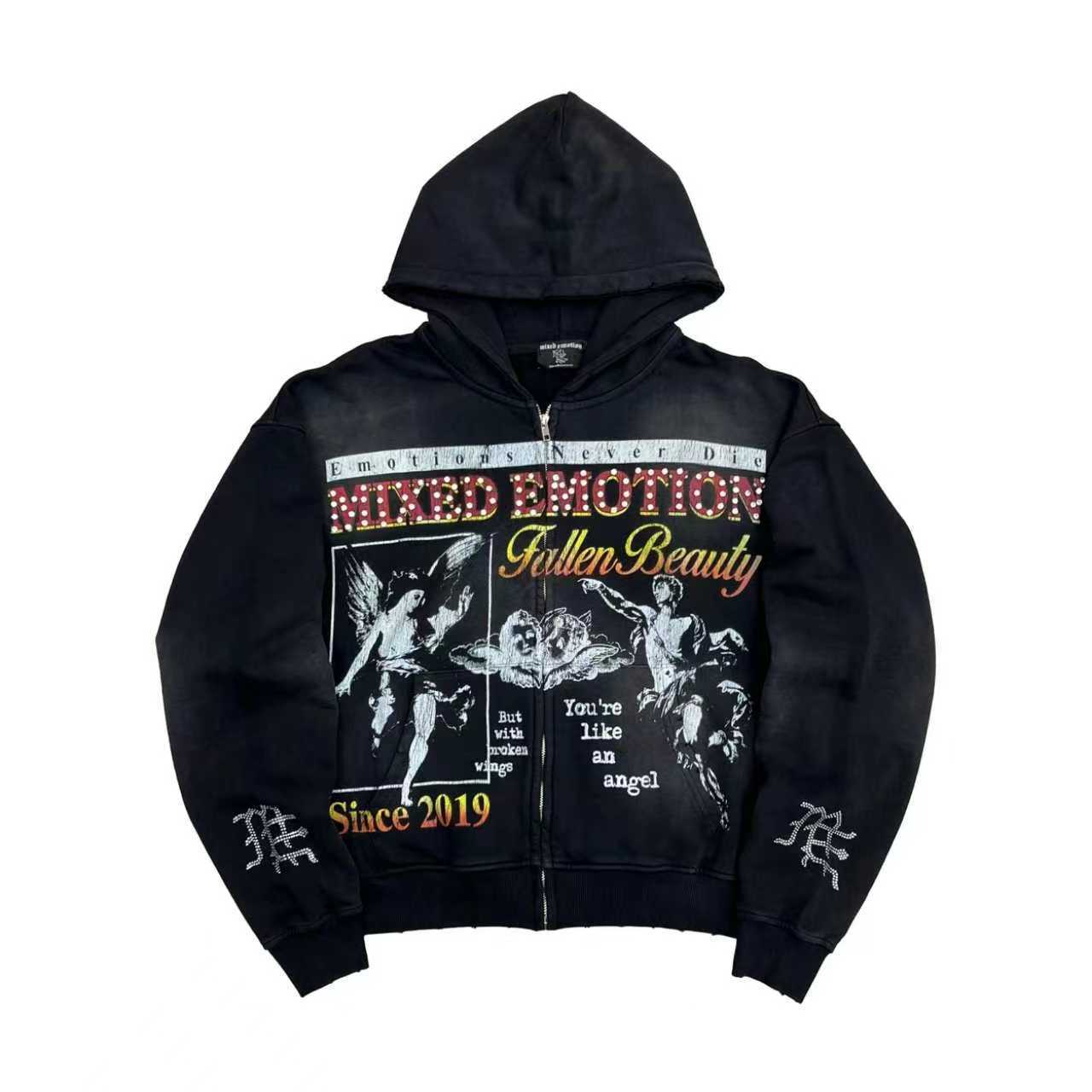 Mixed Emotions Fallen Beauty Zip Up Hoodie Jacket Rhinestone Angel Black