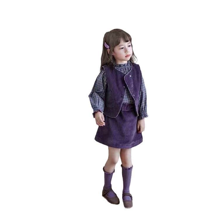 아동복 가을 새 소녀 세트 2024 한국 스타일 유행 코듀로이  조끼 3 피스 세트