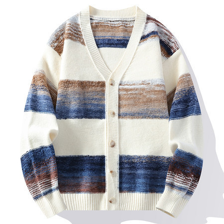 New Men's Retro Oil Painting Color-Block Striped Knit Sweater V-Neck Loose Lazy Style Trendy Versatile Knit Cardigan New Men's Retro Oil Painting Color-Block Striped Knit Sweater V-Neck Loose Lazy Style Trendy Versatile Knit Cardigan