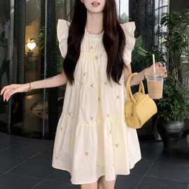 大码女装2025夏季胖mm法式木耳边减龄碎花蛋糕裙小飞袖连衣裙