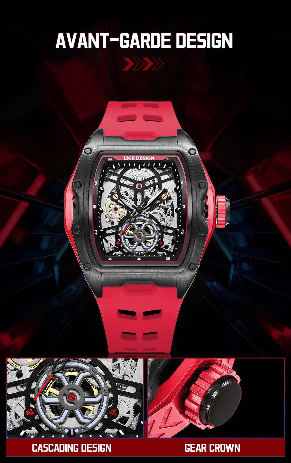 Men's Mechanical Watch Hollowed-out Barrel-shaped Large Dial_voghion.com