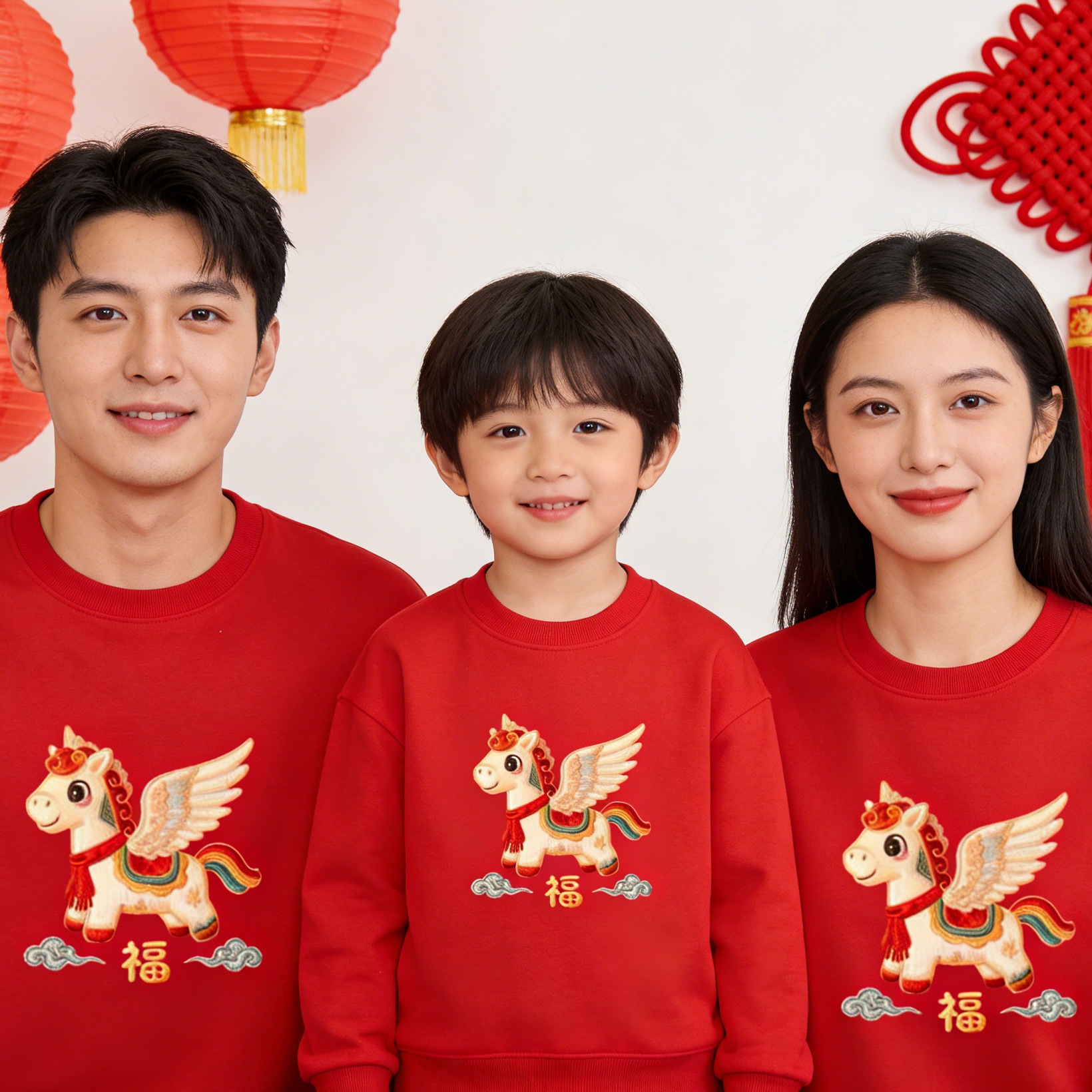 马年一家四口本命年亲子装红色卫衣圆领喜庆2026新年款洋气百搭