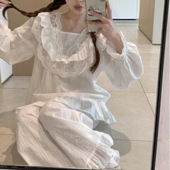 韩国ins女士新韩版甜美蕾丝提花宫廷风V领秋季长袖长裤外穿家居服