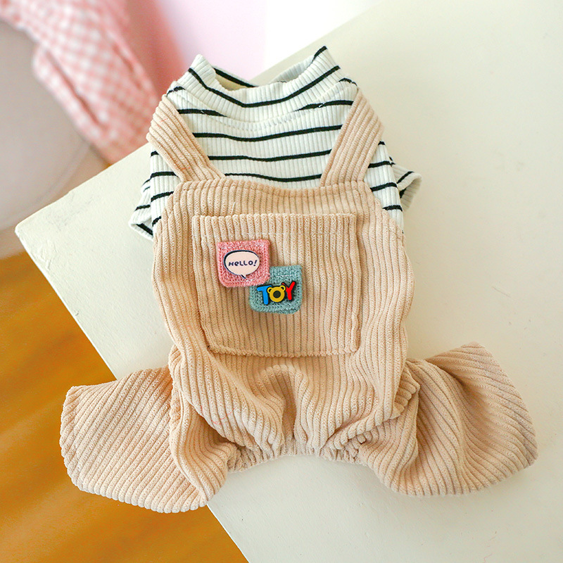 Pet clothes direct from the manufacturer, new fall and winter products for dogs, Teddy four-legged clothes, black and white striped pocketed belt pants
