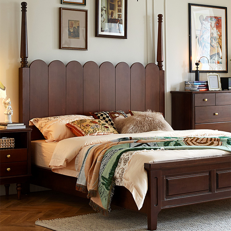 French Retro Style Full Solid Wooden Bed Wedding Bed Walnut Color American Style Master Bedroom Furniture Pure Log High Box Storage Double Bed