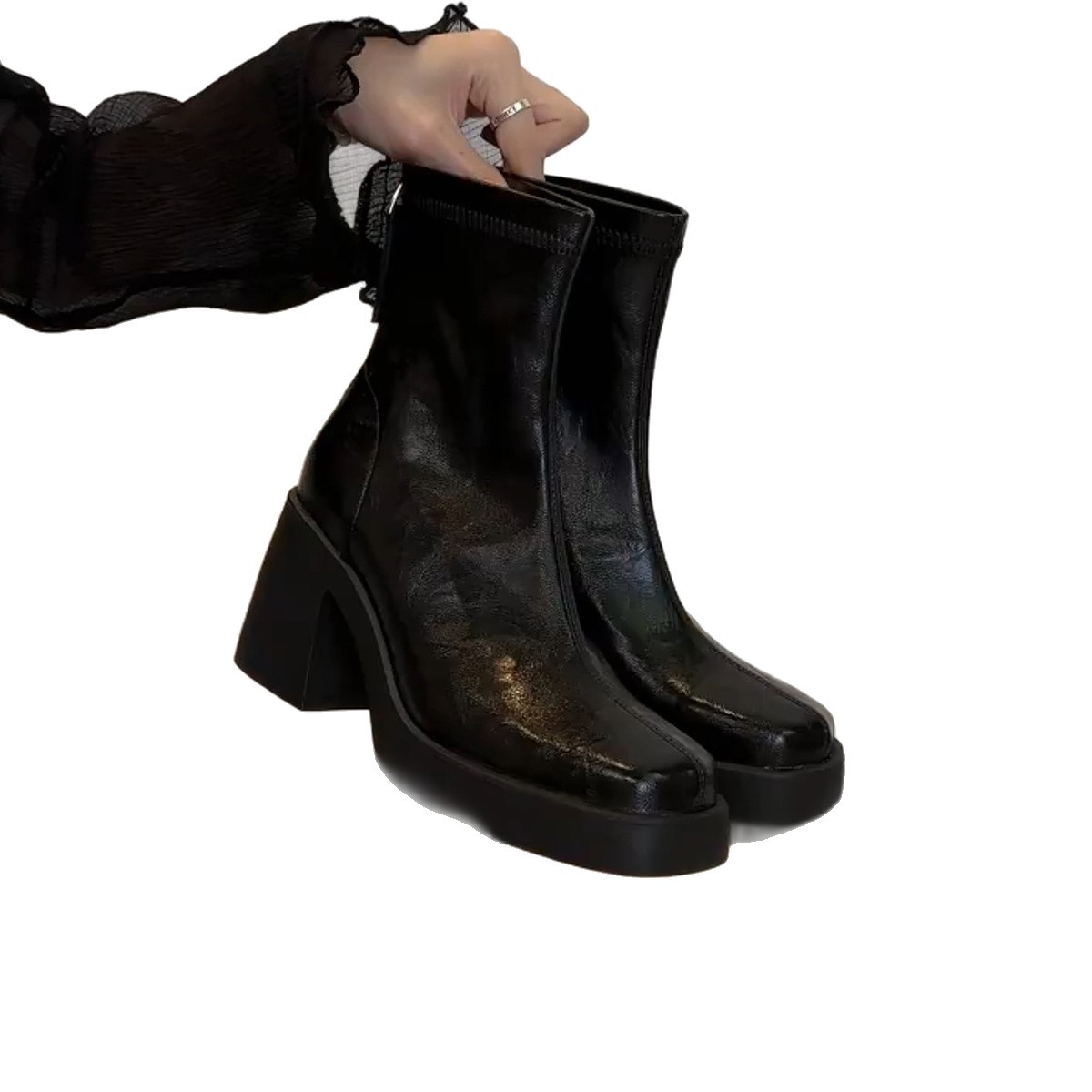 Soft Leather Version ~ Height-Increasing Fleece-Lined Short For Petite Women, High Heels, Chunky Heel Martin Boots,_voghion.com