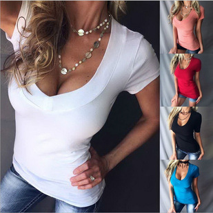 AliExpress Explosions European and American Slim-fit Solid Color Deep V Sexy Simple T-shirt