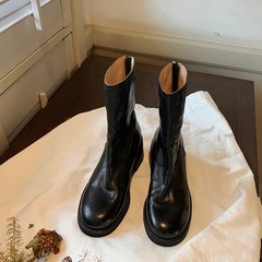 Grape Mom Thick Sole Block Heel Distressed Martin Boots Women's Back Zip Slim Boots British Style Chelsea Boots Short Boots for Women