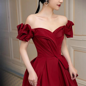 Wine toast Evening Dresses Boat Neck cocktail banquet dress carnival Banquet Long Gown princess dress satin evening dress female engagement