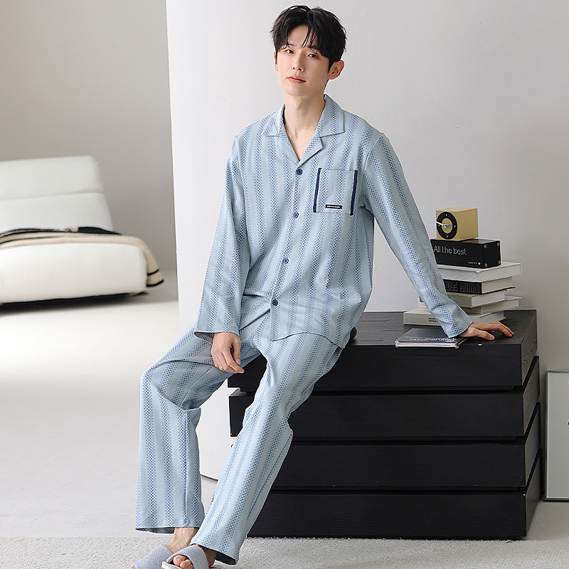 ZHUOJIA 남성용 순면 잠옷 남성용 봄, 가을 100% 면 긴팔 가디건 새 홈웨어 캐주얼 외부 착용 가능