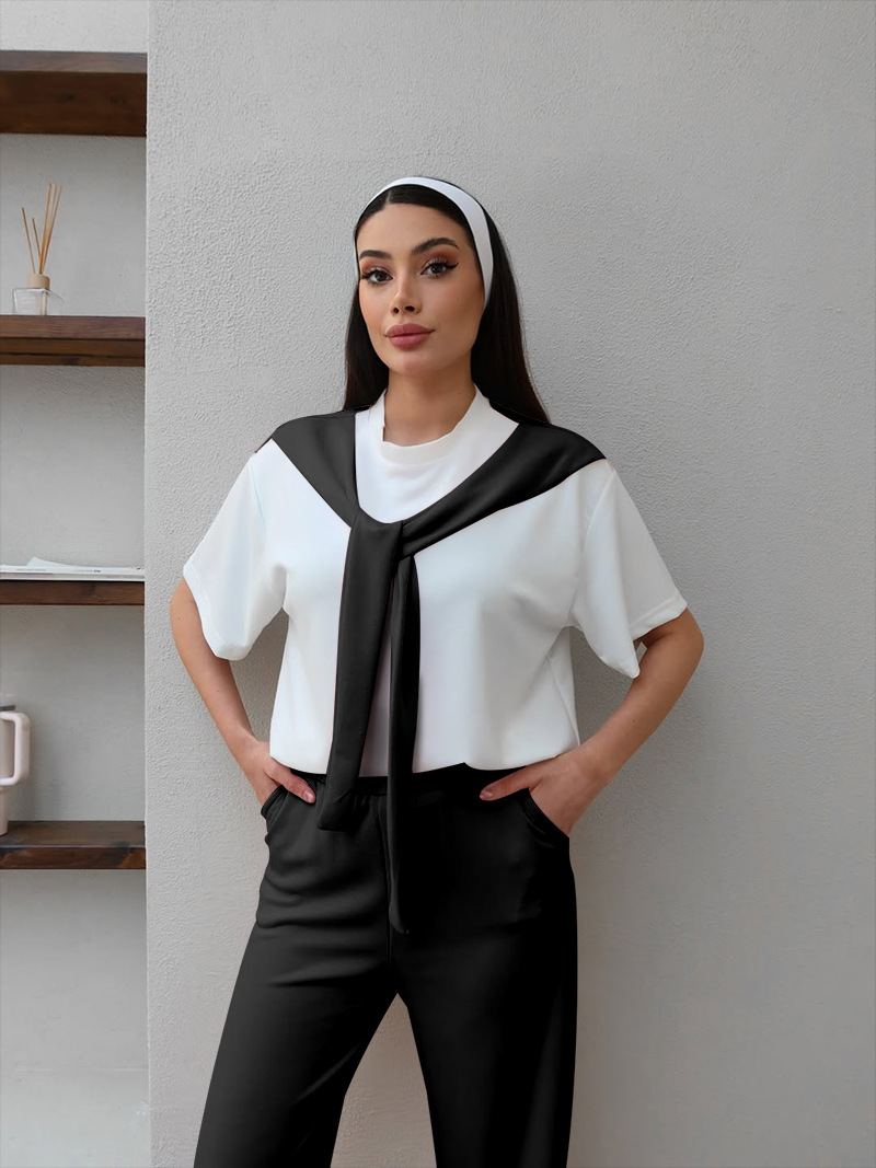 Women's Clothing Women's Faux Wrap Short Sleeve Top And Straight Leg Pants Set Patchwork White Round Neck Summer Fashion Casual Outfit_ecoleips.com