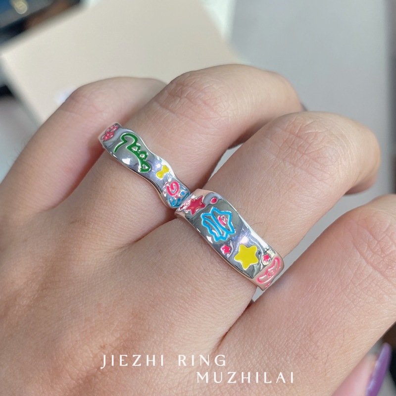 夏天多巴胺涂鸦彩绘星星卡通戒指女款小众设计可爱撞色食指戒开口|undefined