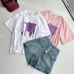 女大童套裝夏季網紅洋氣時尚2024新款時髦牛仔短褲純棉短袖兩件套