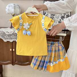 女童短袖T恤套装夏季新款儿童洋气上衣夏装女孩百褶裙宝宝两件套