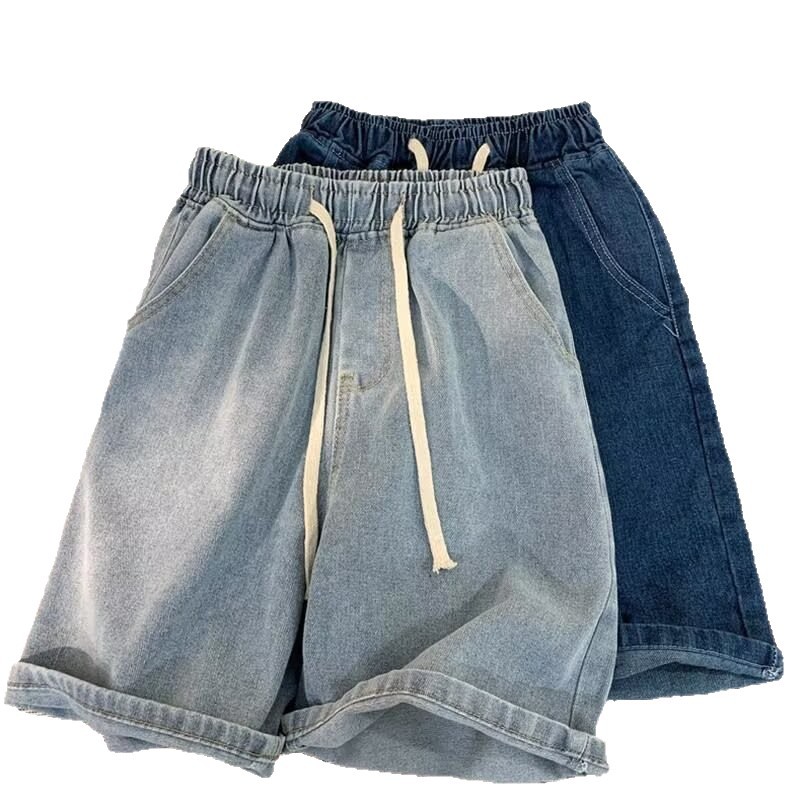夏用の男性用伸縮性デニムショートパンツ、薄い伸縮性ウエスト、学生用の小さな5点カジュアルパンツ、ゆったり、スリム、ストレート