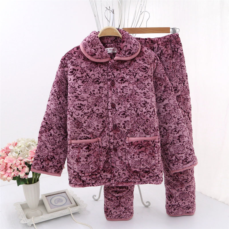 Pajamas for women in winter three-layer cotton set flannel thickened loose warm home clothes for elderly people in winter