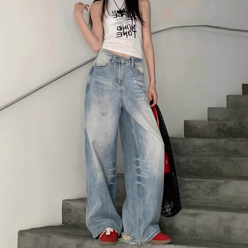 American-style Vibe High-street Low-rise Ripped Wide-leg Jeans Women's Summer Crease Washed Light-colored Dape Loose Mop Pants