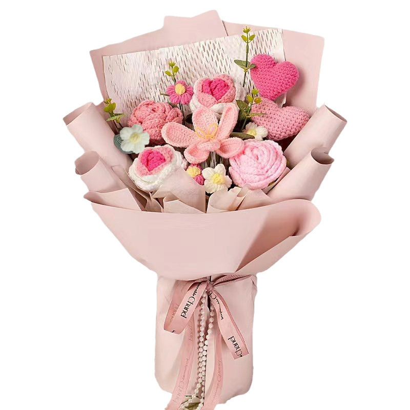 Ramo de lana femenina de cumpleaños, producto práctico terminado, tulipán rosa, ganchillo hecho a mano, paquete de material de bricolaje al por mayor