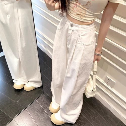 White design sense wide-leg jeans for women, summer thin model high-waist loose slimming drape pants trendy nine-quarter lengthened