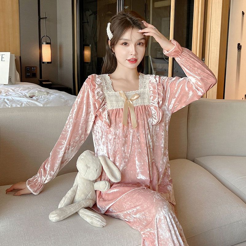 Otoño nuevo terciopelo dorado color sólido pijama de manga larga encaje cuello cuadrado princesa ropa de casa primavera set transfronterizo