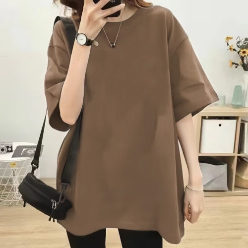 200g pure cotton mid-length t-shirt for plus-size women's summer  loose solid color short-sleeved T-shirt for men and women trendy