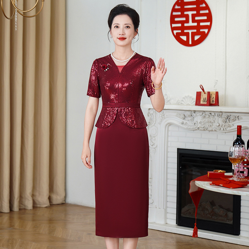 喜婆婆婚宴装新款夏装喜妈妈婚宴礼服年轻改良款旗袍假二件连衣裙|undefined