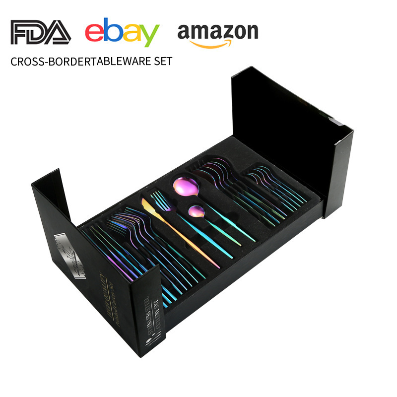 Juego de cuchillo y tenedor de comida occidental portuguesa de acero inoxidable de Amazon transfronterizo Juego de 24 piezas de bistec, cuchillo, tenedor, cuchara, cuchara, juego de cuchara de postre
