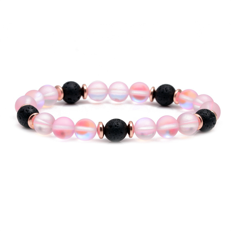Pulsera de cuentas de piedra volcánica europea y americana transfronteriza pulsera de piedra lunar Rosa OPAL pulsera de hombres y mujeres