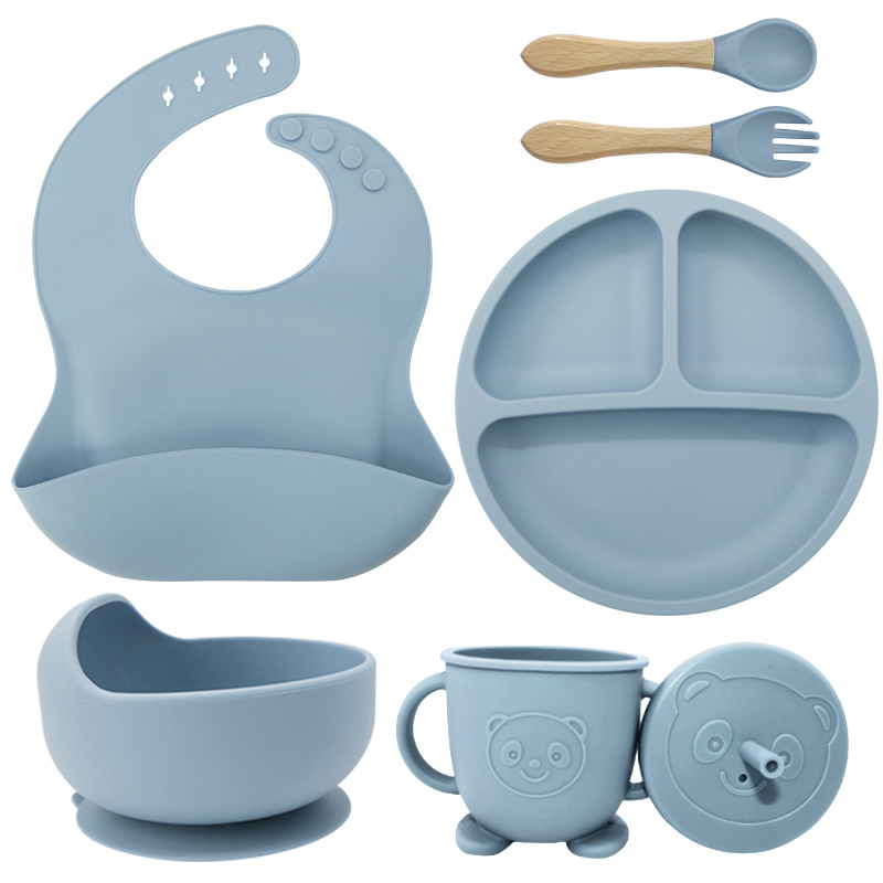 Juego de seis piezas de vajilla de silicona para niños, vajilla de alimentación para bebés para niños, tenedor, cuchara, ventosa, bolsa de arroz, taza de agua