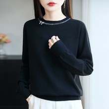 2025秋冬洋气烫钻蝴蝶结针织打底衫女长袖上衣洋气别致毛衣潮圆领