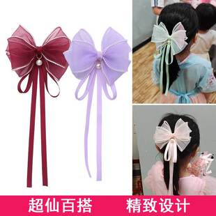 Summer Super fairy children's mesh beads side clip Pearl bow tassel ribbon top clip small female fresh ponytail hair accessories