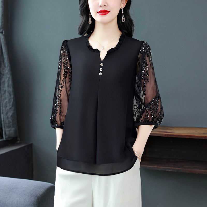 High-end designer silk shirt for women in Hangzhou, three-quarter sleeve blouse, new spring-summer fashion, stylish top for mothers that conceals the belly and looks slimming