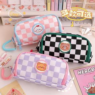 Handheld Pencil Bag Simple Large Capacity Checkerboard Ins Style Japanese Girl High Value Storage Stationery Bag Pencil Case