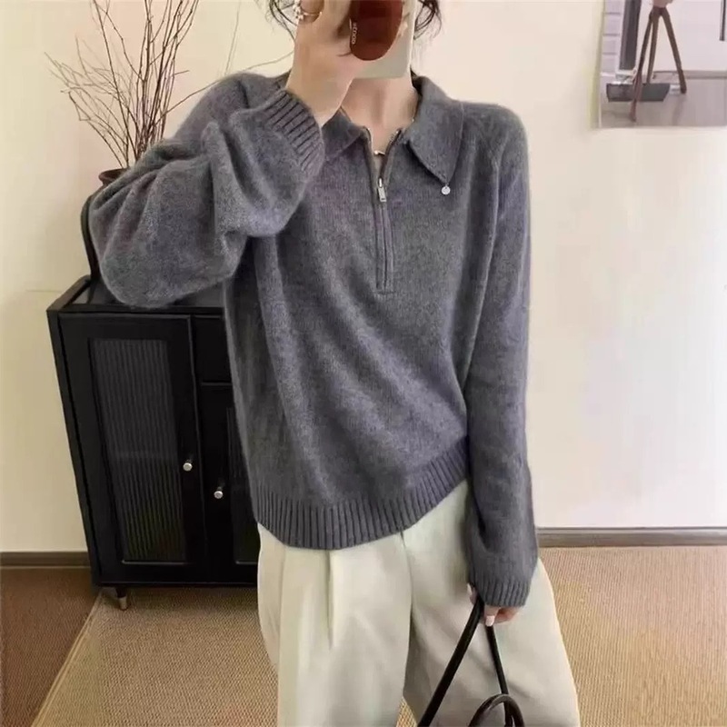 韩系慵懒风半拉链套头毛衣女2025秋冬polo领宽松简约软糯针织衫女|undefined
