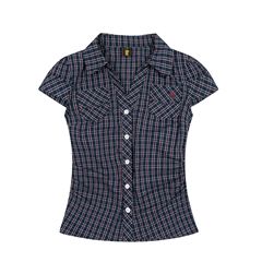 アメリカンレトロブルーチェック柄半袖シャツ女性用夏ピンチウエストデザインニッチスリムフィットホットガールトップ
