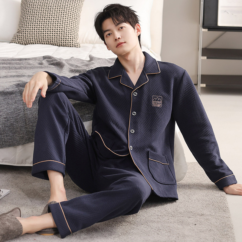 Autumn and Winter Classy Thickeneded Warm Air Cotton Sandwich Long-Sleeved Pants Lapel Men's Pajamas Home Wear Set