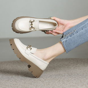 Color Matching Button Women's Thick Bottom Loafers Women's British Style High-rise Single-layer Shoes British Style Vintage Soft Leather Single-layer Shoes for Women