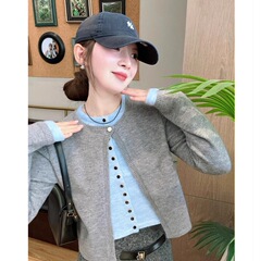 格雷系灰色假两件针织开衫女秋冬设计感短款小众慵懒毛衣外套上衣