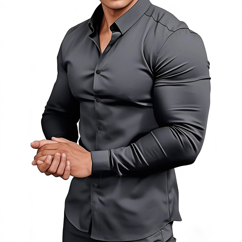 Muscular Men's Business Shirts, No-Iron Professional Work Men's Summer Anti-Wrinkle Casual Shirts, Men's Long-Sleeved Shirts