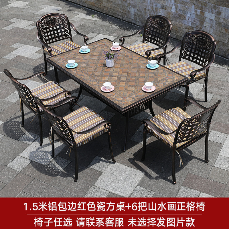 150 aluminio cubierto de mesa de azulejos rojos + Pintura de paisaje Silla de celosía