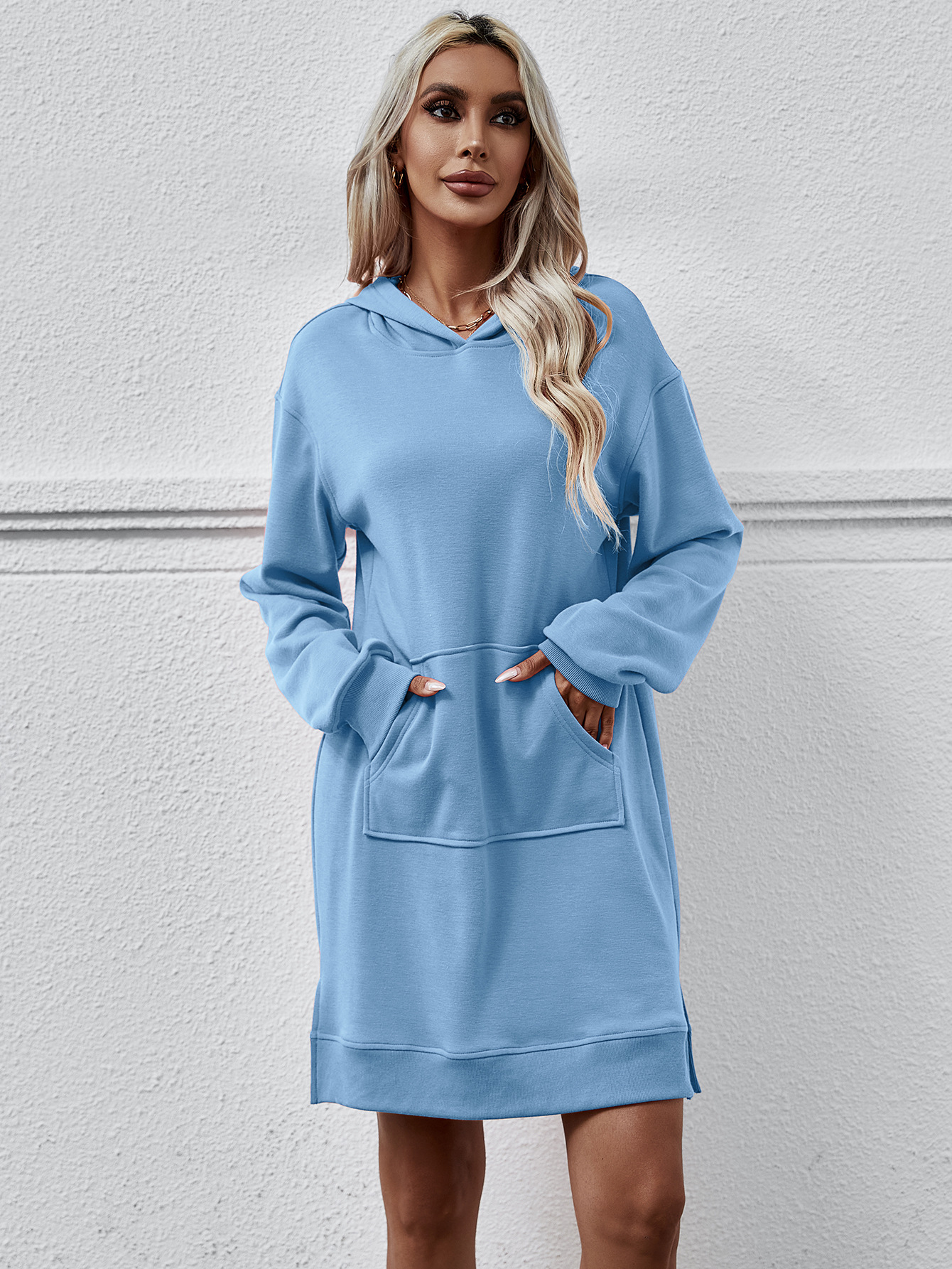 Autumn Winter Women Clothing Hooded Long Sleeve Kangaroo Pocket Split Long Sweater Dress