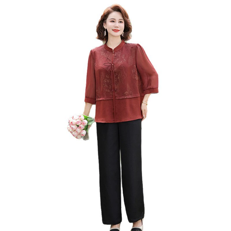 Женская одежда среднего и пожилого возраста, одежда для мам, костюм с воротником-стойкой с принтом в китайском стиле, летний стиль, широкие шифоновые брюки, свободный комплект из двух предметов.
