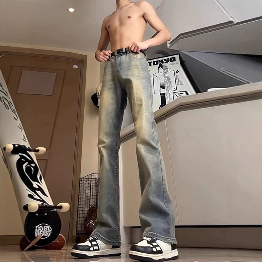 American High Street Retro Blue High-Waisted Jeans Men's Autum Vibe Pants Tall Slim Straight-Leg Pants