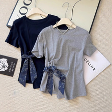 简约慵懒松弛感~ 丝巾绑带短袖T恤女设计感小众修身显瘦百搭上衣