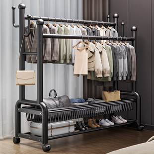 Double-Pole Clothes Drying Rack, Movable Coat Rack, Floor-Standing Indoor Room Clothes Rack, Home Bedroom Clothes Storage Rack
