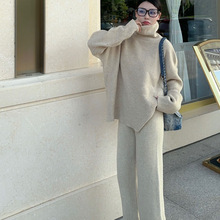 韩版秋冬新款高领毛衣女设计感宽松加厚针织衫女阔腿裤两件套套装